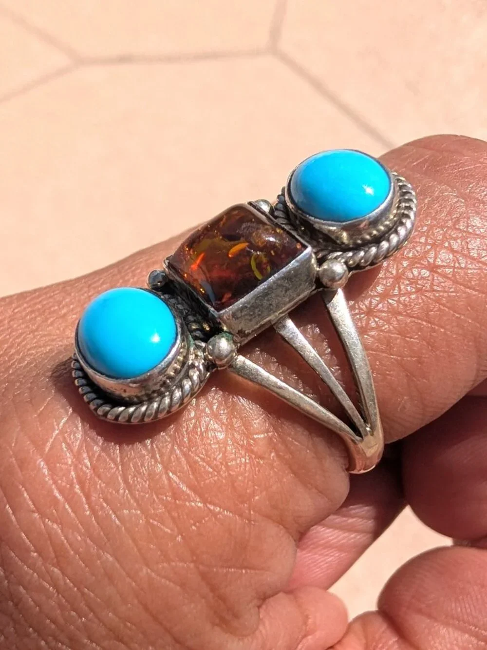 Native American Ring Turquoise & Amber Size 7.5 Sterling Silver 6g Signed RB